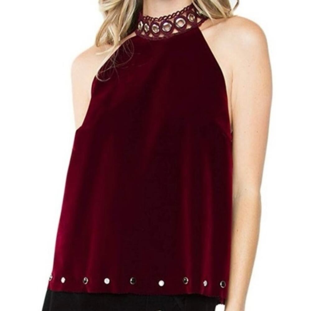 Studded Merlot Red Velvet Halter Babydoll Top - EUC - Size S